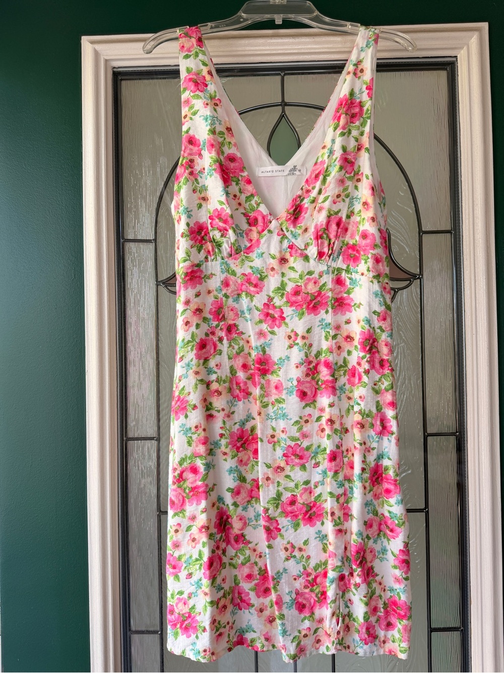 Altar'd State White Midi Dress with Pink & Green Floral Print